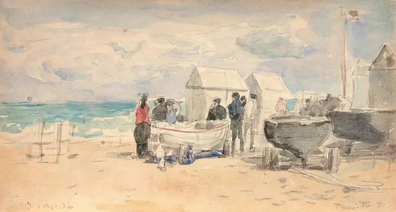 Båtar på stranden i Trouville av Eugène Boudin
