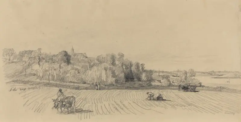 Ön Île aux Moines med arbetare på ett fält av Eugène Boudin