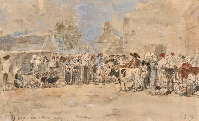Boskapmarknad i Daoulas (Finistère) av Eugène Boudin