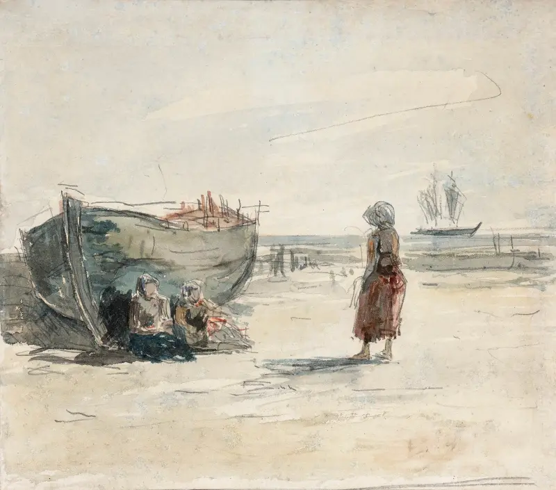Tre kvinnor på stranden av Eugène Boudin