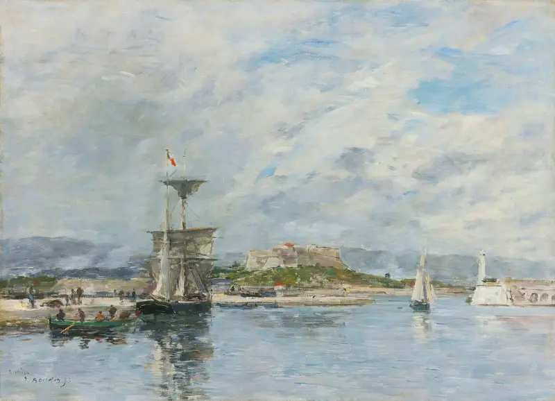 Utsikt över hamnen i Antibes. Kajen, morgon av Eugène Boudin