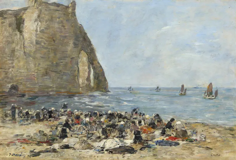 Tvätterskor på stranden vid Étretat av Eugène Boudin