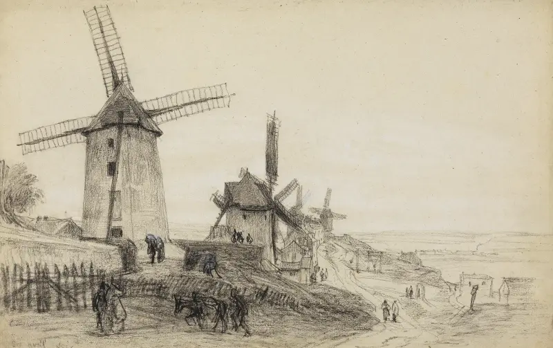 Väderkvarnar på Butte Montmartre av Eugène Boudin