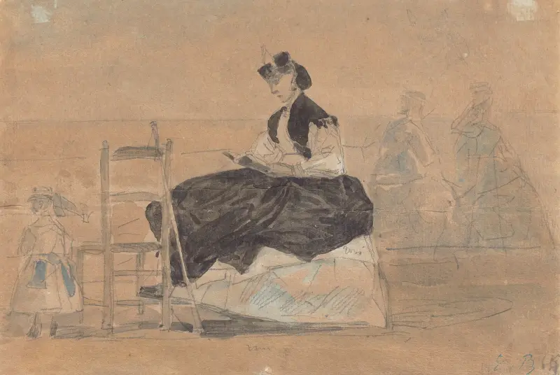 Frau im Reifrock am Strand von Trouville von Eugène Boudin