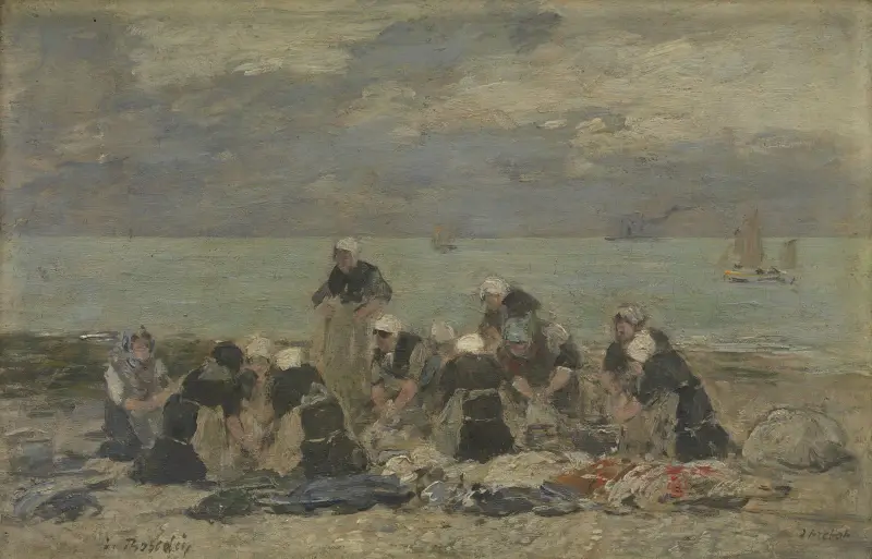 Kvinnor tvättar kläder vid Étretat av Eugène Boudin
