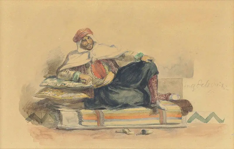 A Berber seated on a low couch av Eugène Delacroix