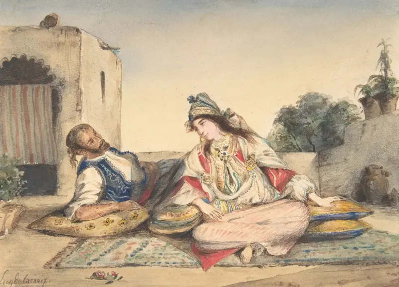 A Moroccan Couple on Their Terrace av Eugène Delacroix