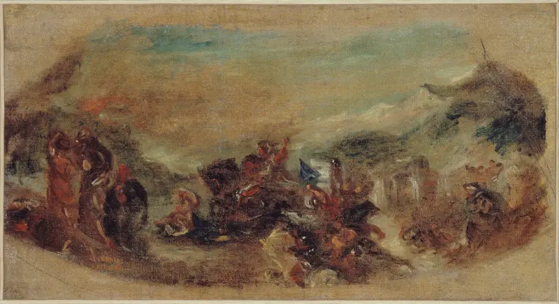Attila suivi de ses hordes barbares foule aux pieds l’Italie et les Arts av Eugène Delacroix