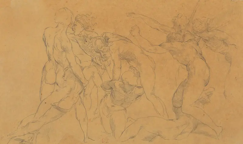 Battle Scene with a Prisoner Being Bound, after Raphael av Eugène Delacroix