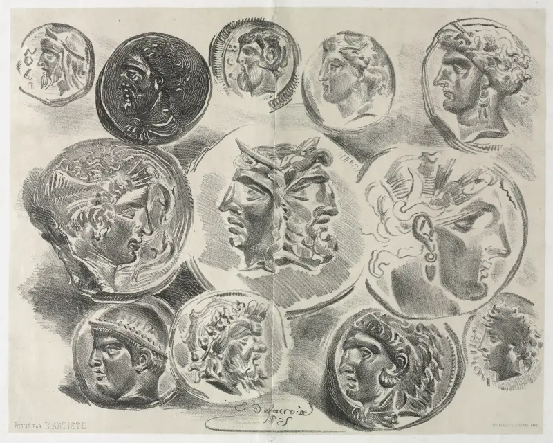Feuille de douze médailles antiques av Eugène Delacroix