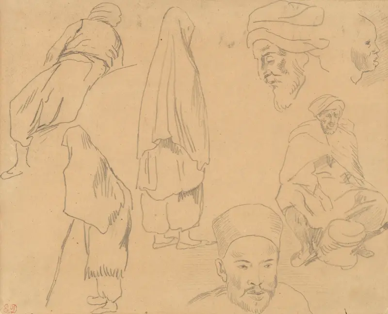 Four figure studies of Bedouins and three of head studies av Eugène Delacroix