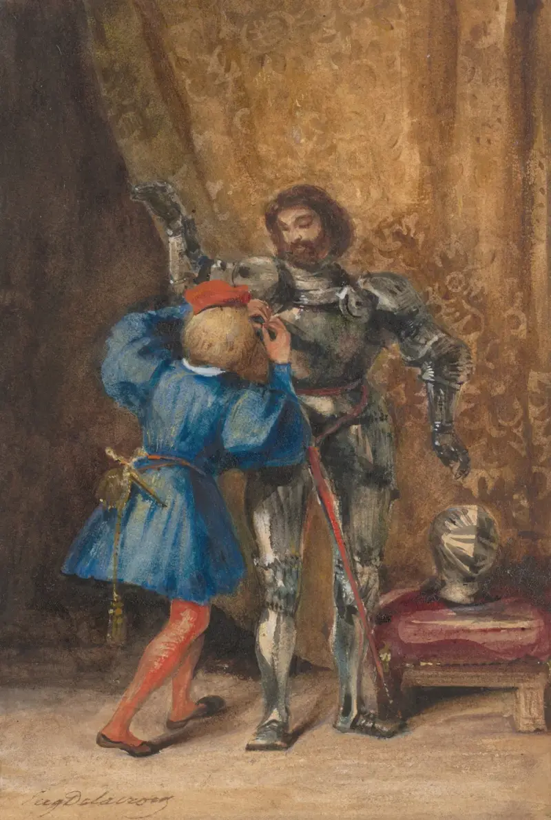 Götz von Berlichingen, von seinem Pagen Georg in Rüstung gekleidet von Eugène Delacroix