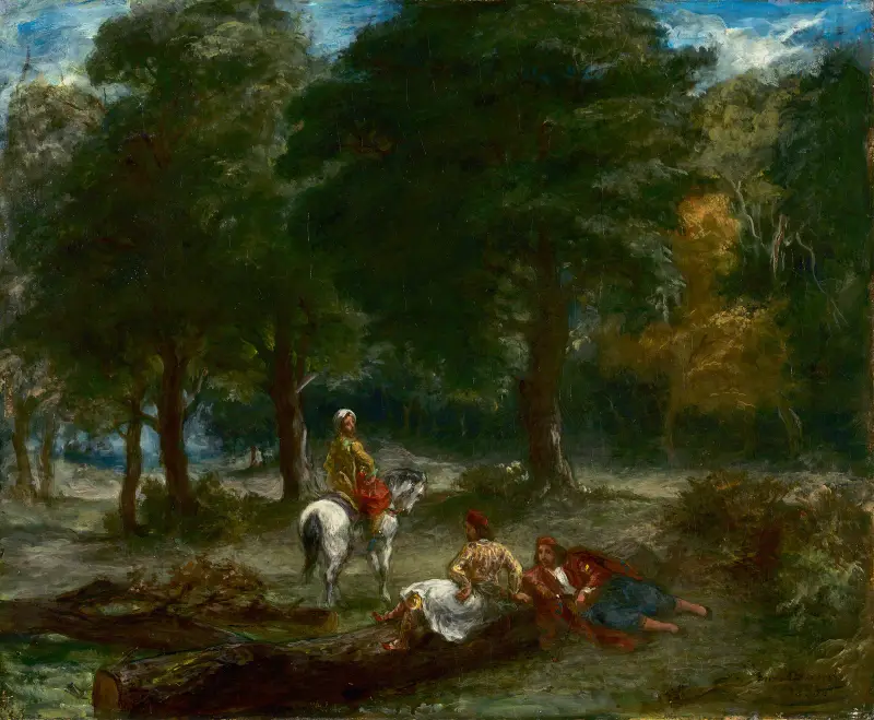 Greek Cavalry Men Resting in Forest av Eugène Delacroix