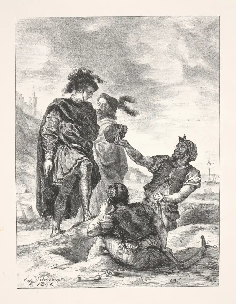 Hamlet and Horatio with the gravediggers (Act V, scene I) av Eugène Delacroix