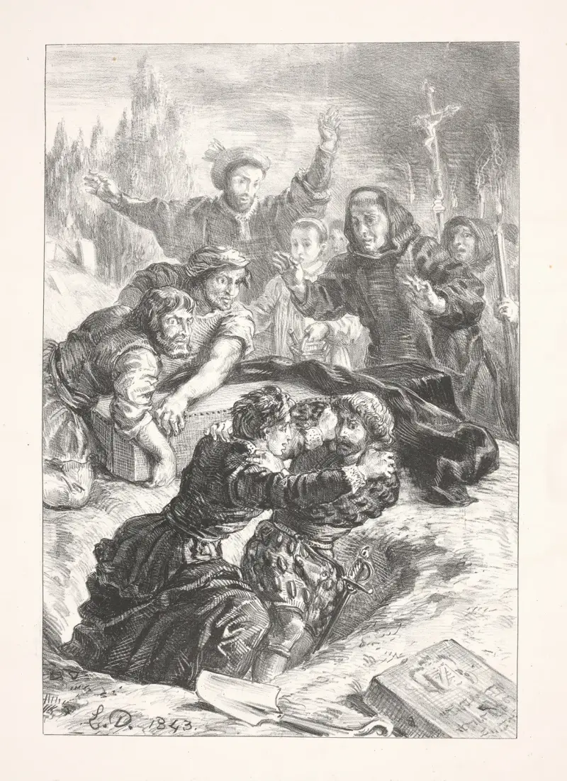 Hamlet and Laertes fight in the grave (Act V, scene I av Eugène Delacroix