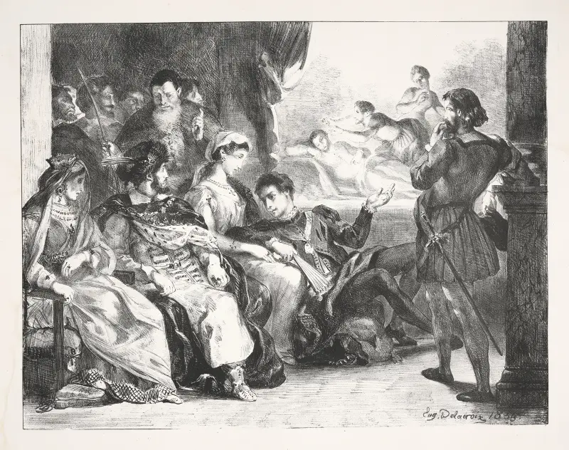 Hamlet has actors play the scene of his father’s poisoning (Act III, scene ii) av Eugène Delacroix