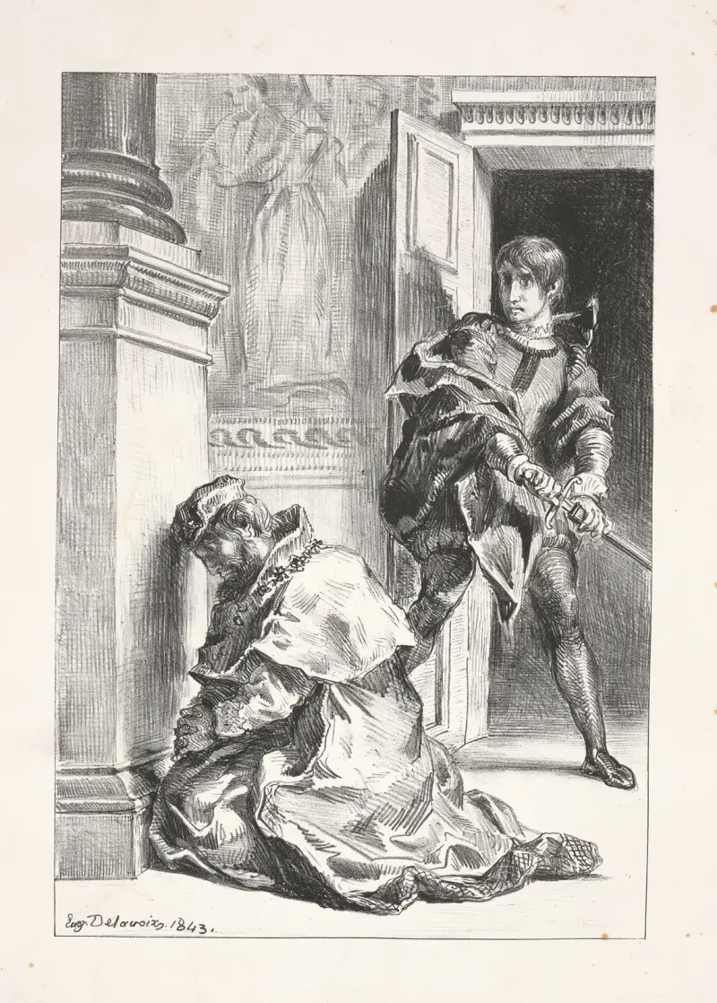 Hamlet tries to kill the King (Act III, scene iii) av Eugène Delacroix