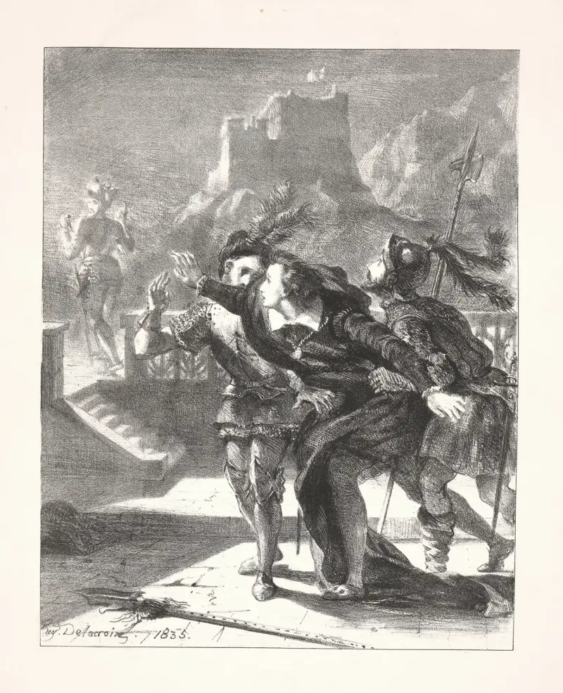 Hamlet wants to follow his father’s ghost (Act I, scene iv) av Eugène Delacroix
