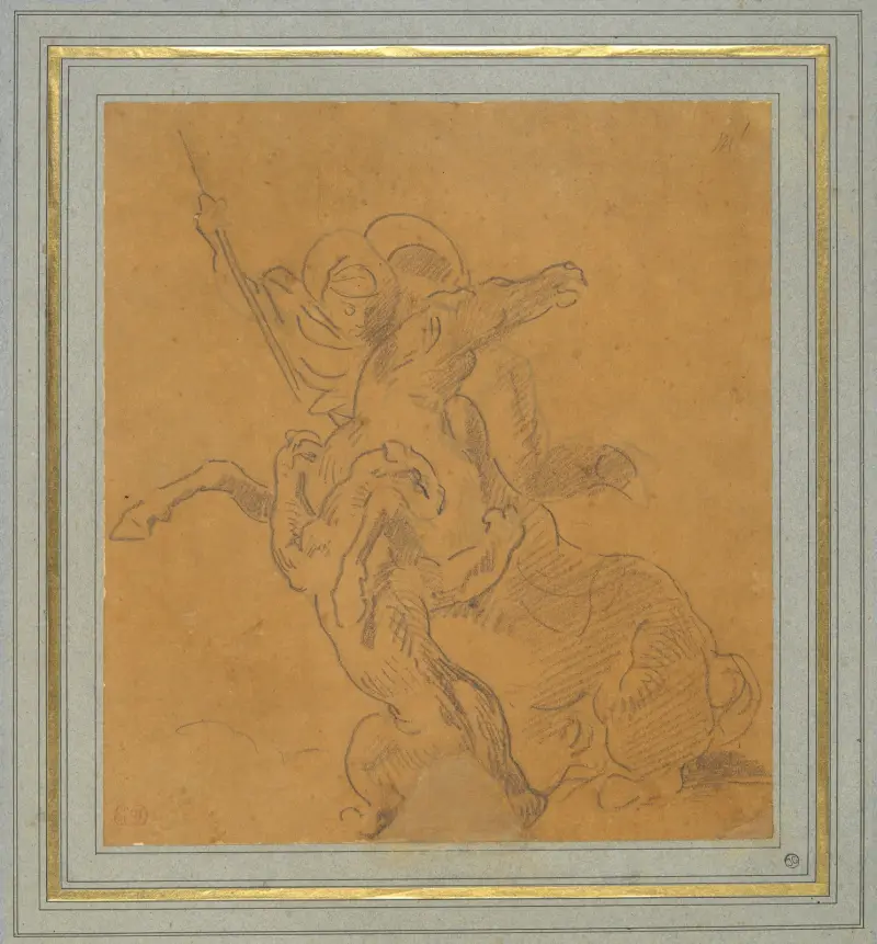 Lion Attacking a Horse with Rider (Sketch for The Tiger Hunt) av Eugène Delacroix
