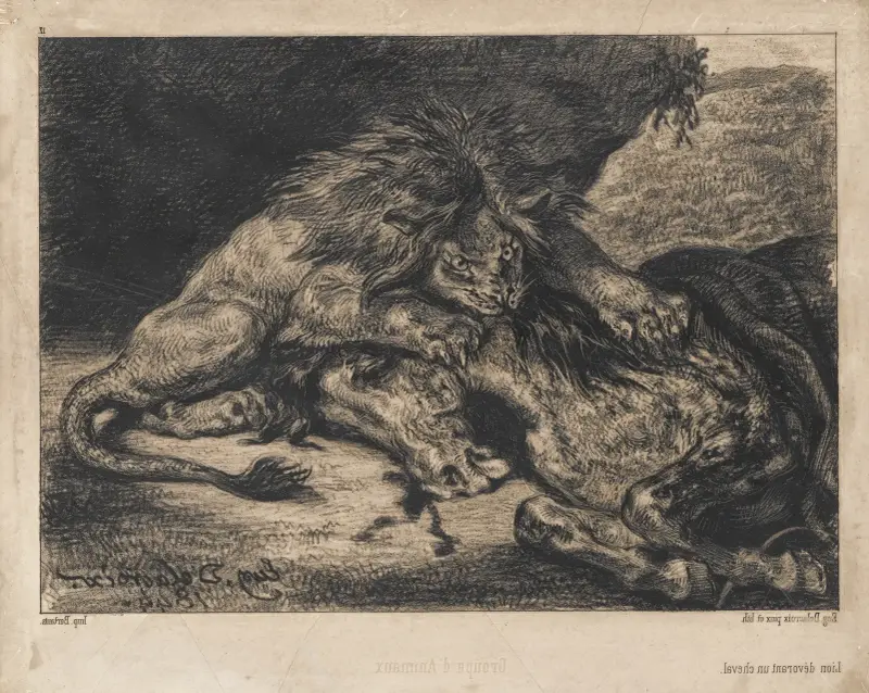Löwe, ein Pferd verschlingend, 1844 – Nr. 1 von Eugène Delacroix