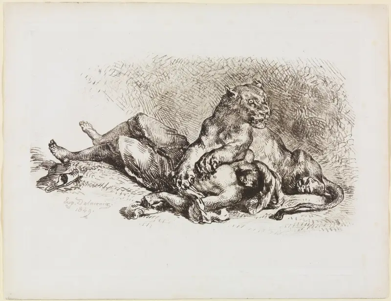 Löwin, die Brust eines Arabers zerreißend av Eugène Delacroix