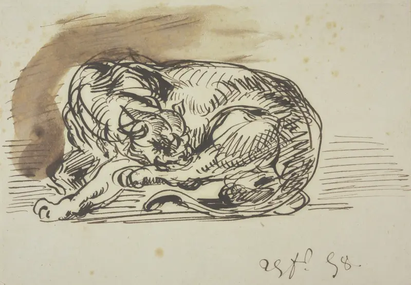 Löwin, ihre linke Hinterpfote leckend av Eugène Delacroix