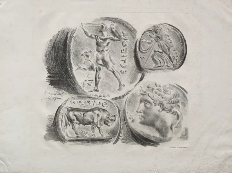 Sheet of Four Antique Medals av Eugène Delacroix