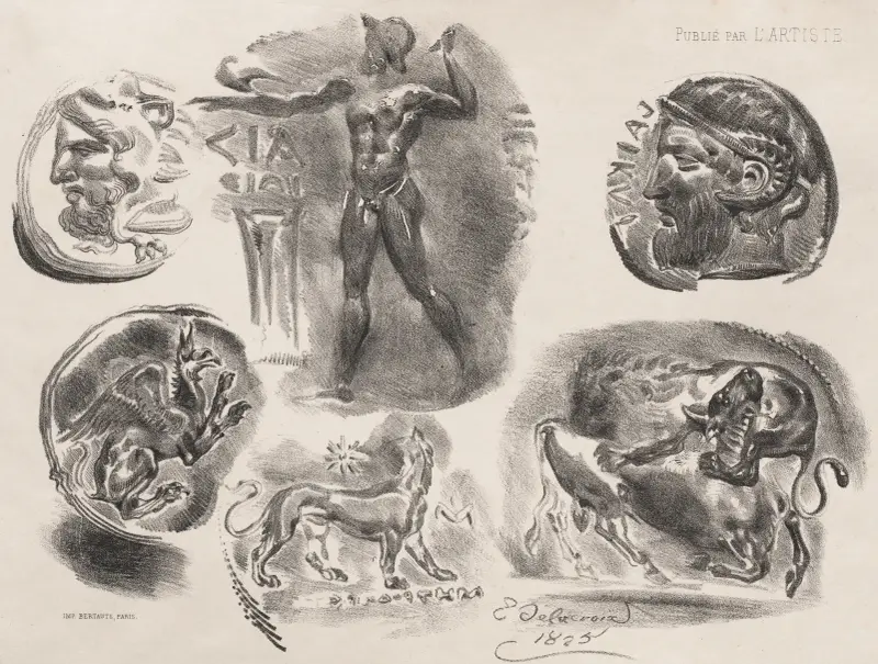 Sheet of Six Antique Coins av Eugène Delacroix