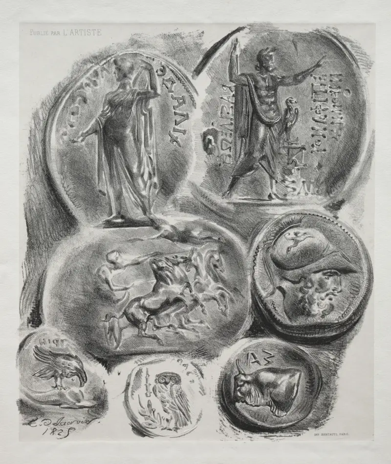 Sheet with Seven Antique Medals av Eugène Delacroix