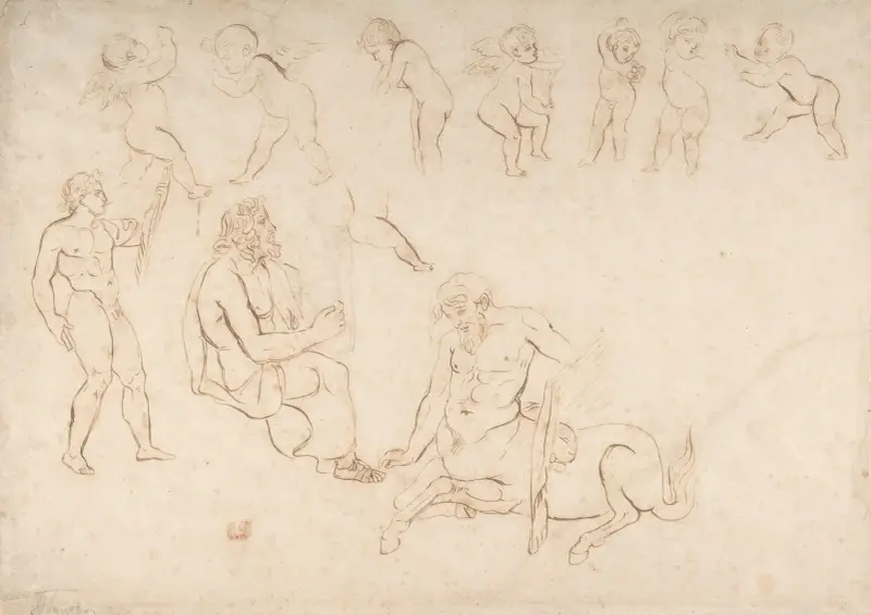 Standing nude athlete; seated man with a lyre; centaur; and seven putti (three with wings) av Eugène Delacroix