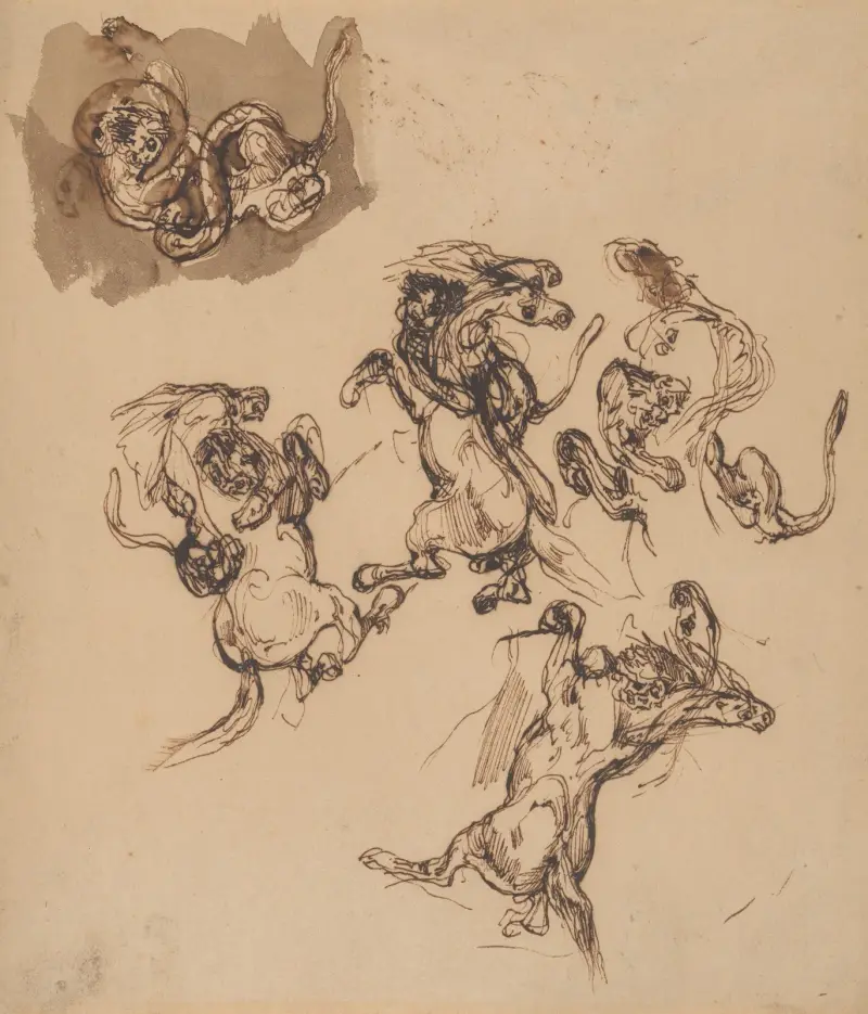 Studies of a Rearing Horse Attacked by a Lion and a Lion Wrestling with a Serpent av Eugène Delacroix