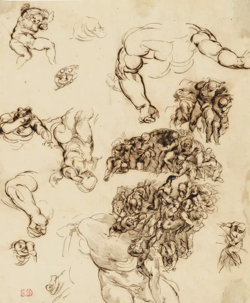 Studies of nude figures, after Michelangelo av Eugène Delacroix