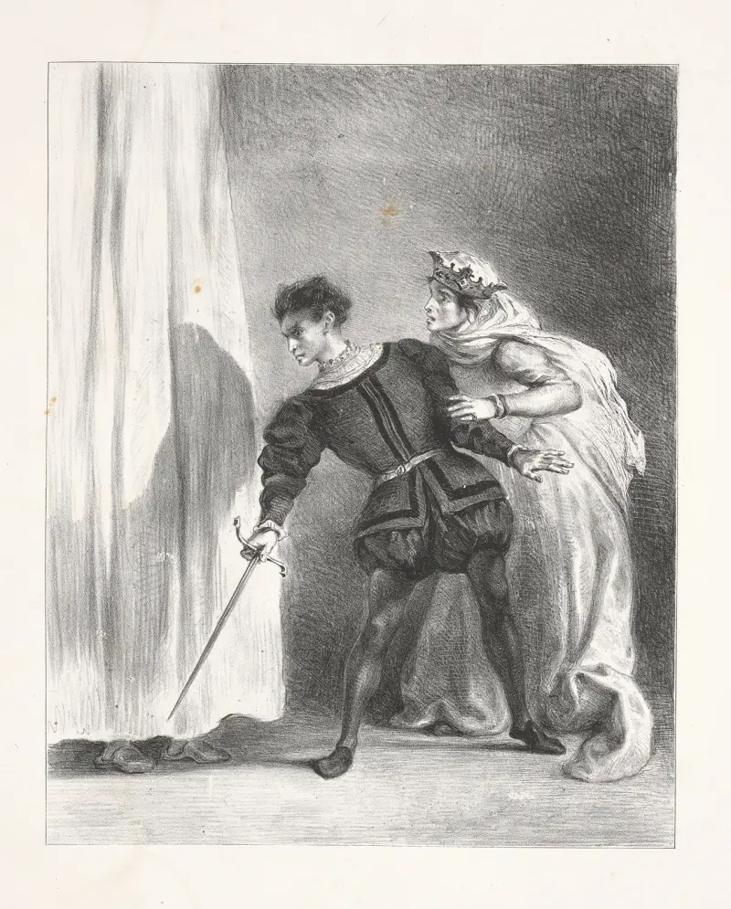 The murder of Polonius (Act III, scene iv) av Eugène Delacroix