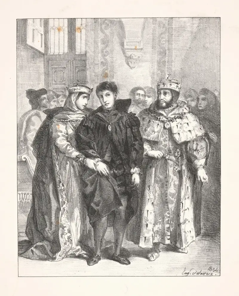 The Queen attempts to console Hamlet (Act I, scene ii) av Eugène Delacroix