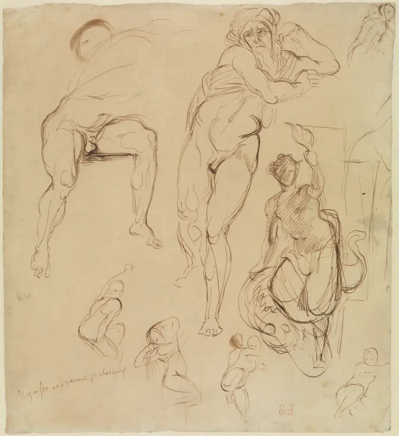 Zwei männliche und sechs weibliche Figuren av Eugène Delacroix