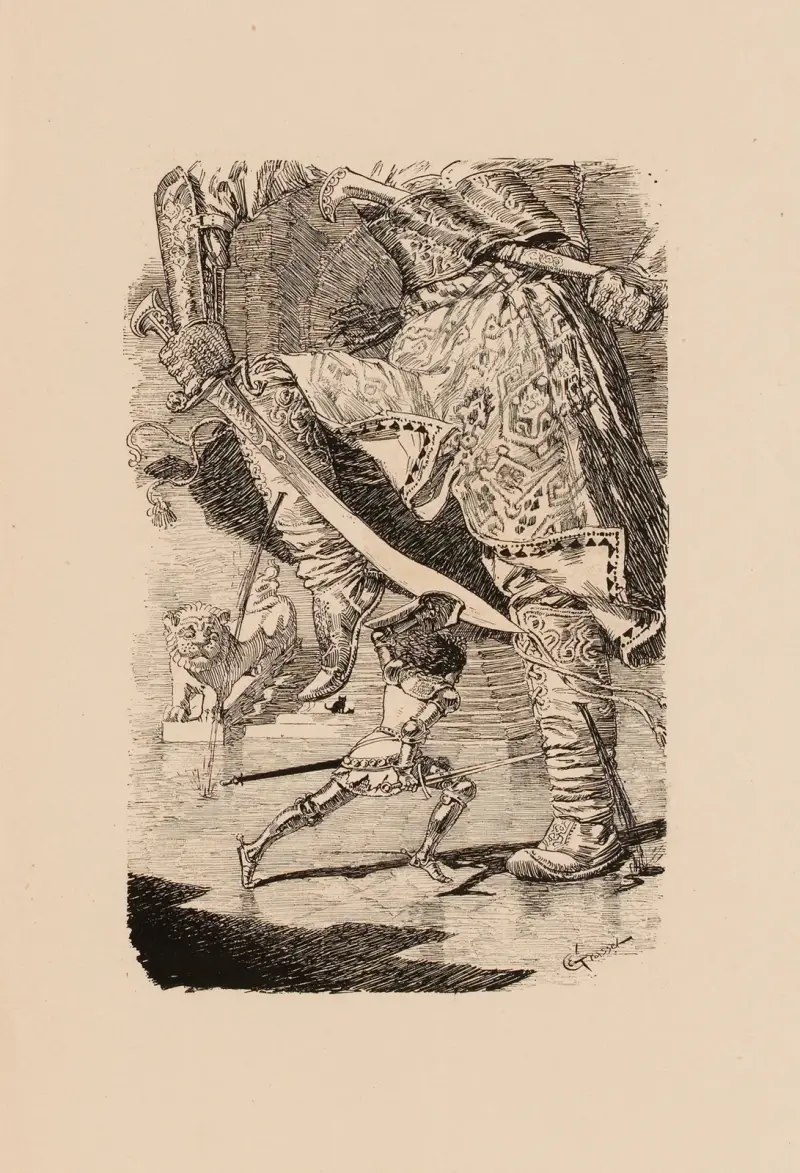Pécopin attackerar en riddare av Eugène Grasset