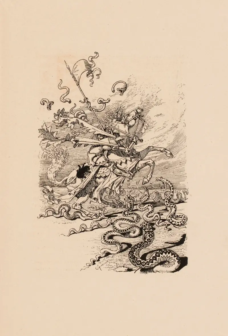 Pécopin auf seinem Pferd in der Vipernheide von Eugène Grasset