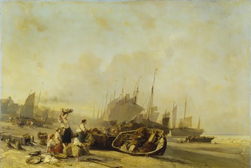 Båtar på stranden vid Calais av Eugène Isabey