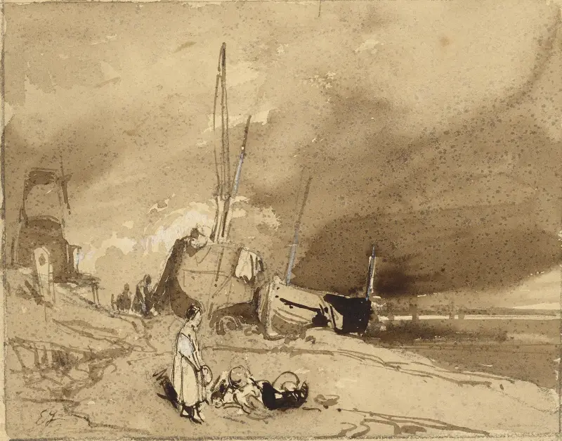 Bord de Plage (Fischerboote an einem Strand, Sturmwolken in der Ferne) von Eugène Isabey