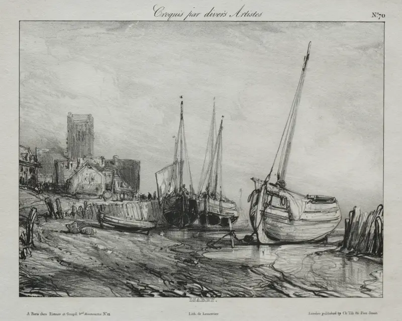 Fishing Boats along the Beach av Eugène Isabey