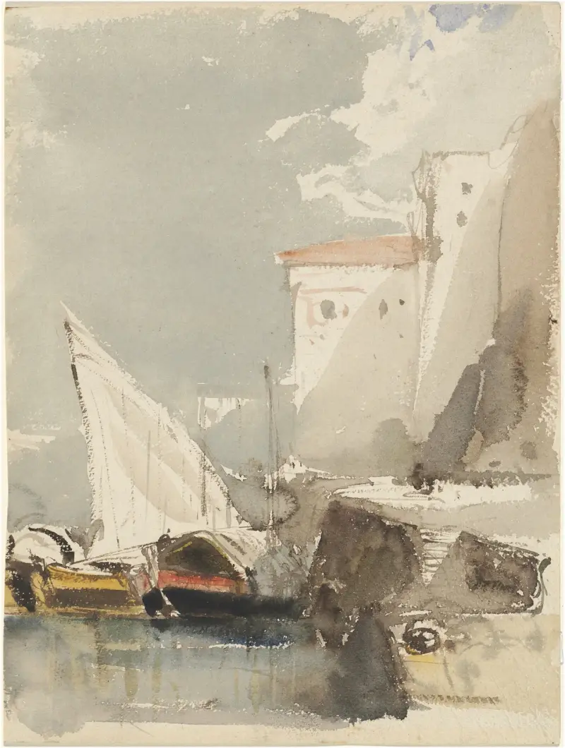 Segelbåtar i en solbelyst hamn av Eugène Isabey