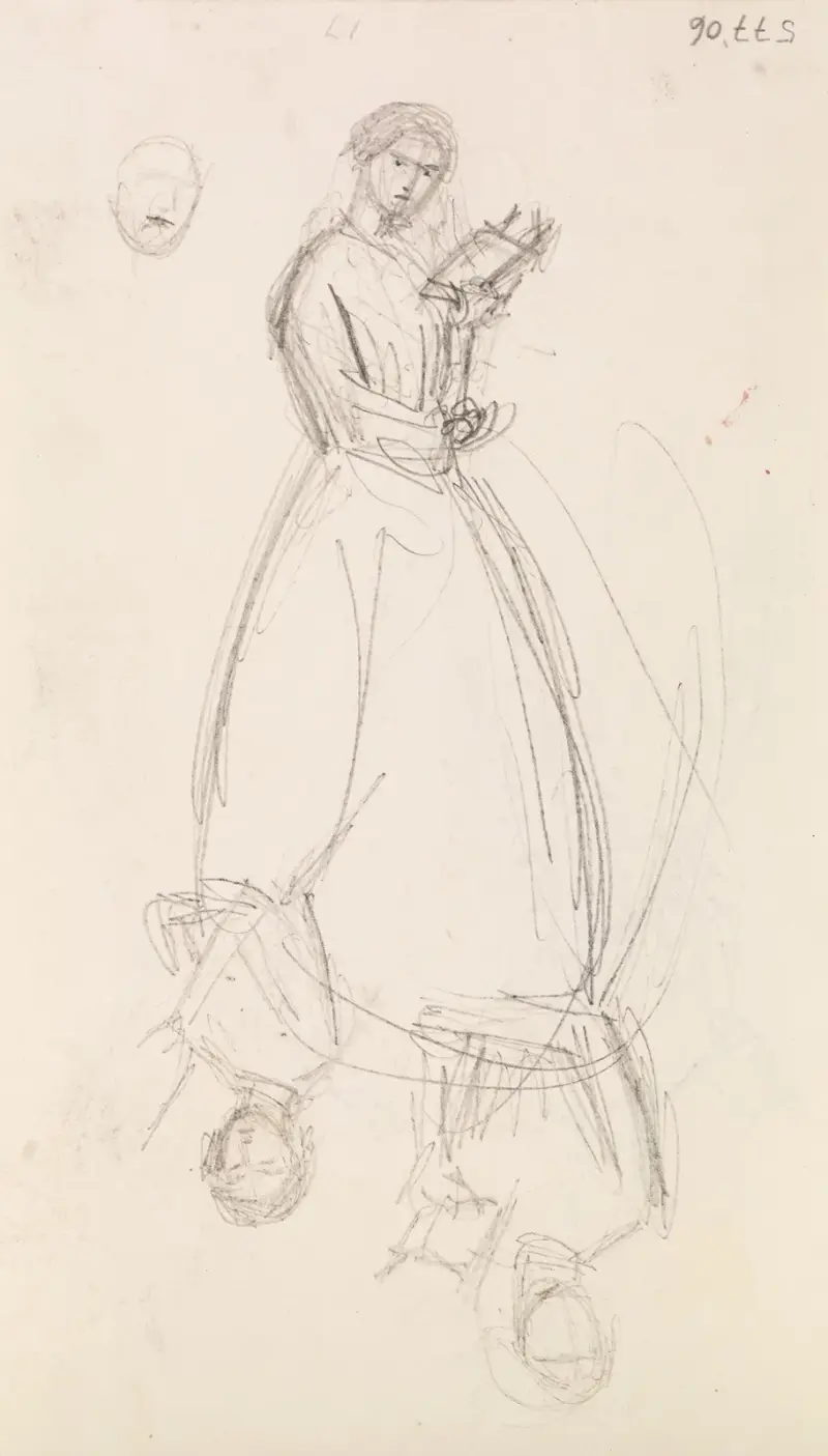 Kvinna – två skisser av en ung kvinna som håller en bok, 1855 – nr 2 av Sir John Everett Millais