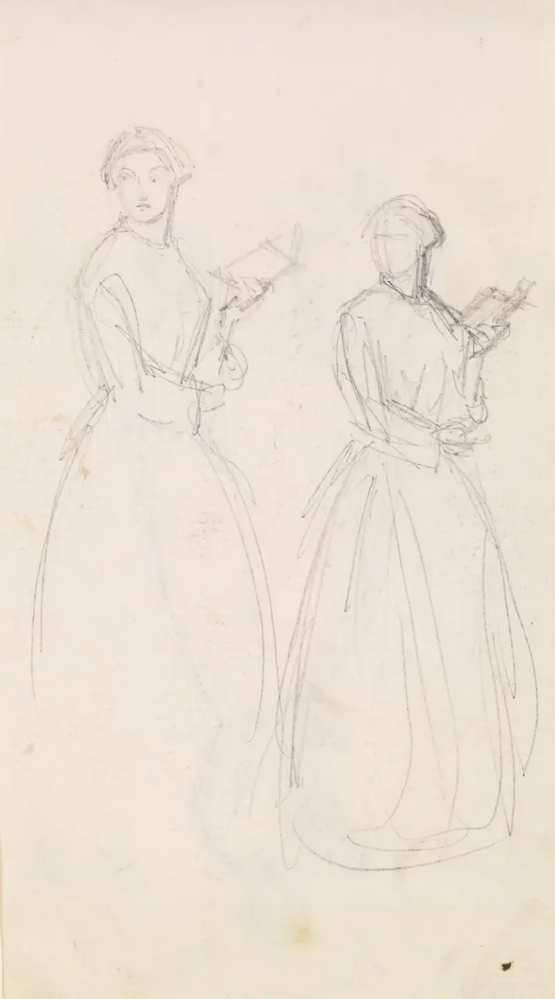 Female – Two Sketches of a Young Woman holding a Book, 1855 – nr 1 av Sir John Everett Millais