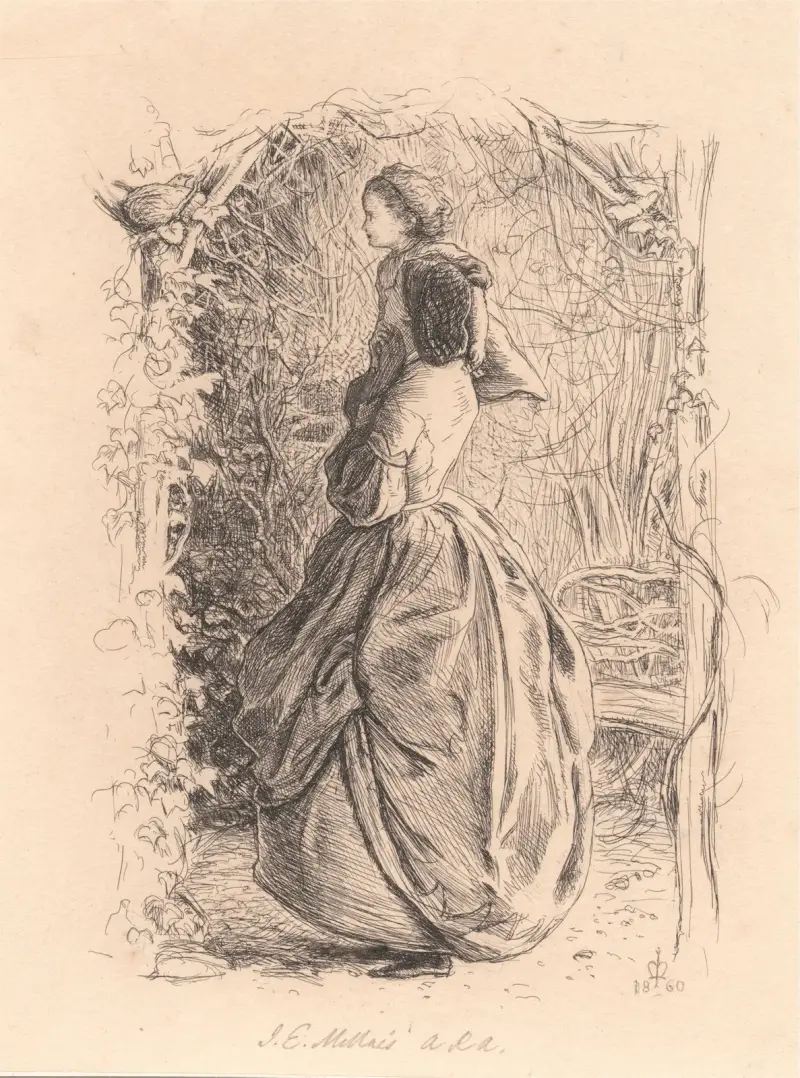 Happy Spring Time. Woman and Child Looking at Bird in Nest. av Sir John Everett Millais