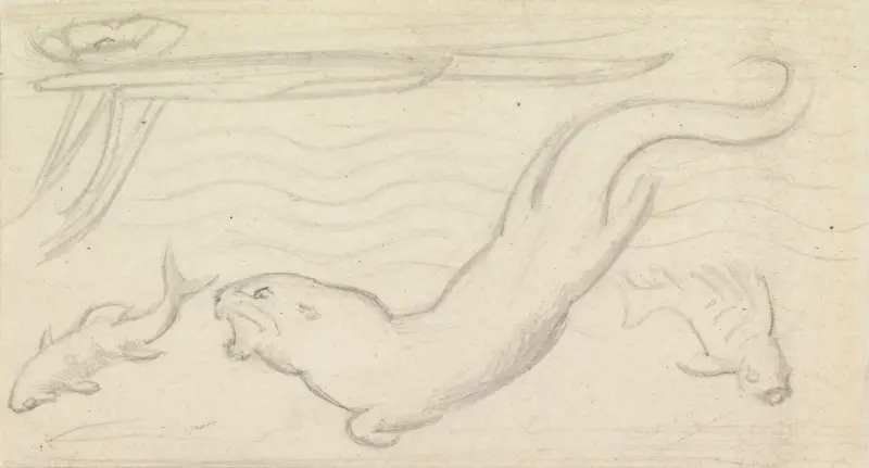 Stained Glass Study, An Otter and Two Fish av Sir John Everett Millais