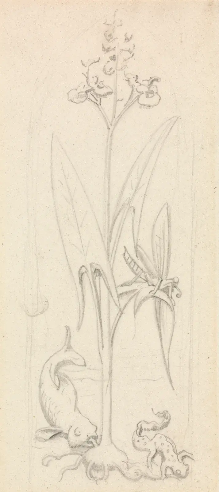 Stained Glass Study, Water Plant with Grasshoper, Fish and Newt – nr 2 av Sir John Everett Millais