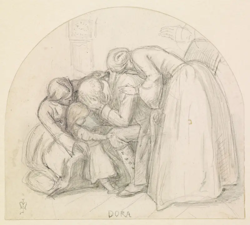 Tennyson’s Dora – Study of Mary, Child and Dora comforting their Father av Sir John Everett Millais