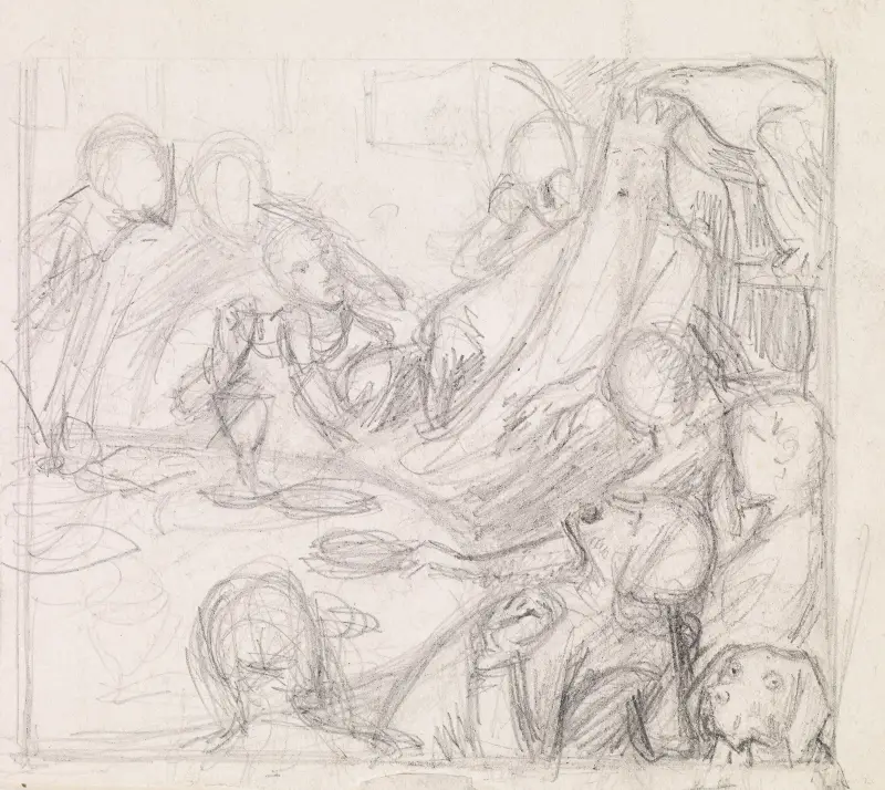 Tennysons The Day-Dream – skiss av kungen och hovmännen som väcker Revival av Sir John Everett Millais