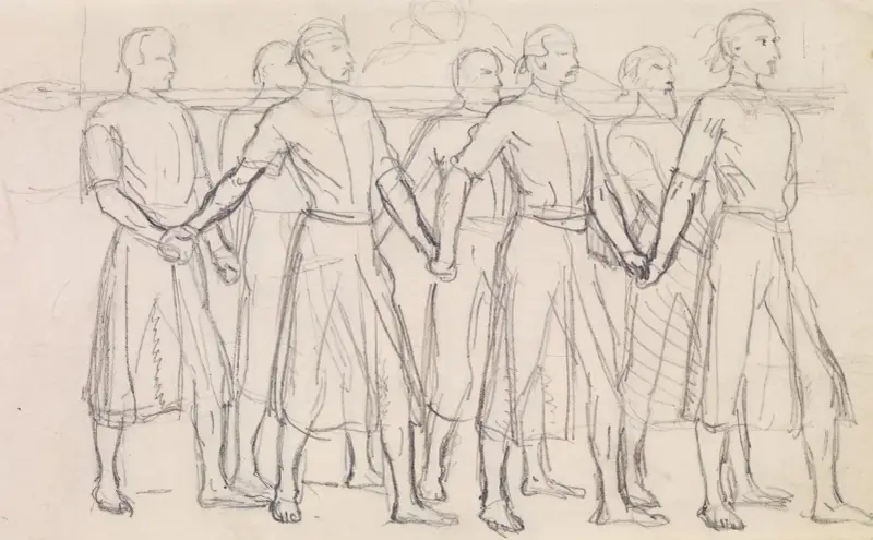 The Head of Bran by George Meredith – Study of Seven Princes carrying the Head of Bran av Sir John Everett Millais