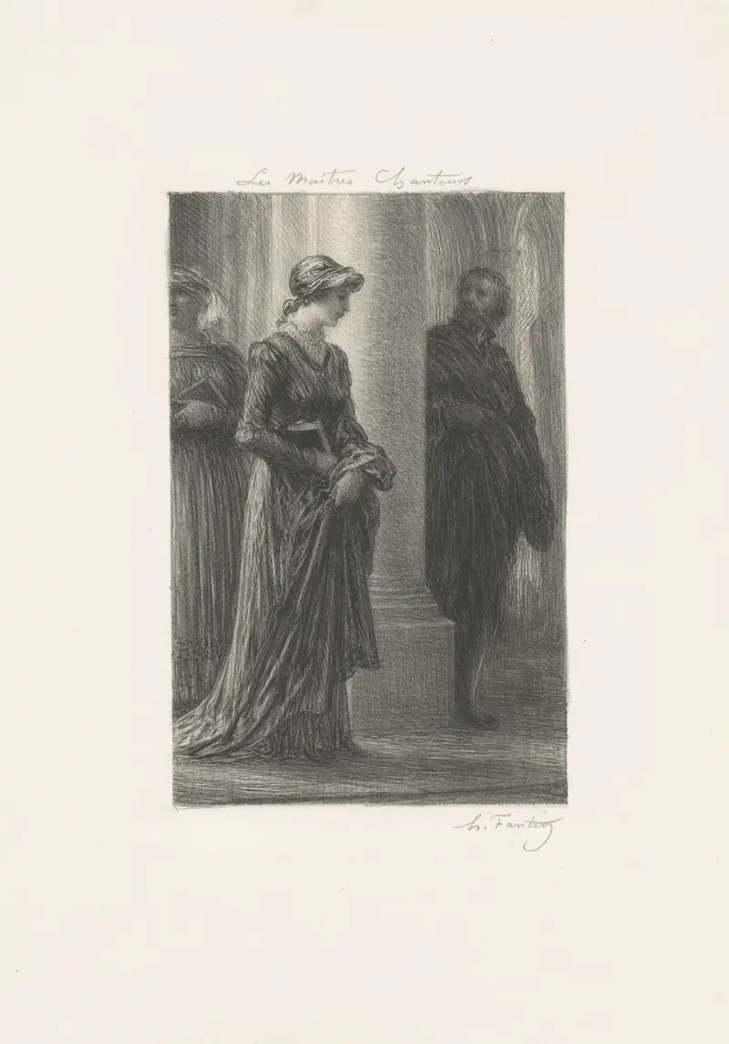 Les maîtres chanteurs de Nuremberg. Acte Ire. Rencontre de Walther et d’Eva av Henri Fantin-Latour